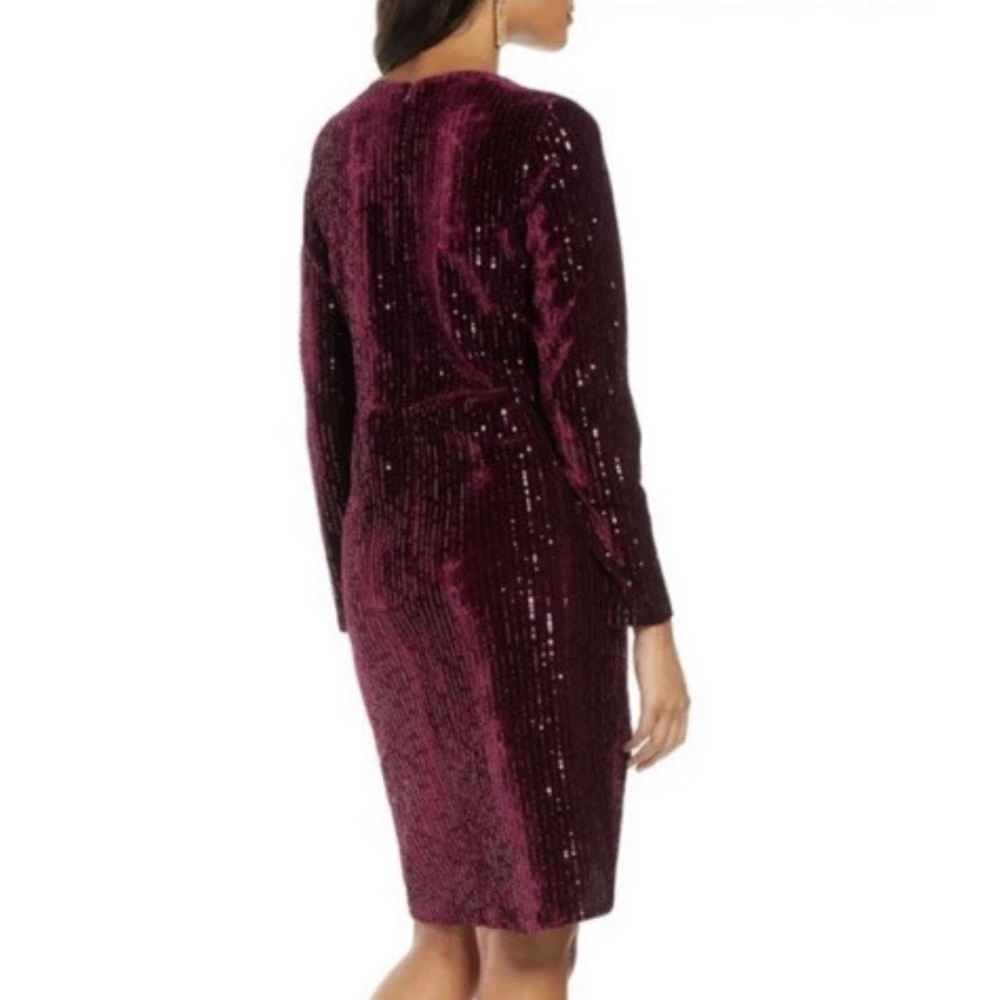 JULIA JORDAN Velvet Ribbing Foil Long Sleeve Dress Wine Red Faux Wrap, Size: 10 - Picture 3 of 8